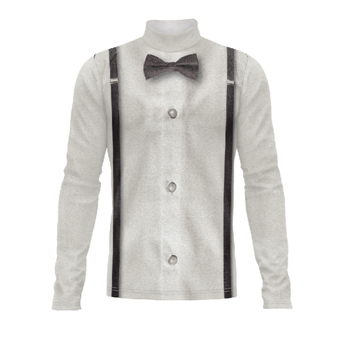Marching Band Flow Flex Performance Top G121 featuring a mock tuxedo design with bow tie, button detailing, and vertical suspenders for a formal performance uniform look