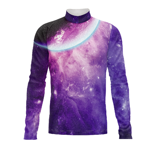 Marching Band Flow Flex Performance Top G122 featuring a long-sleeve mock neck design with a vibrant galaxy-inspired purple and black sublimated pattern for modern marching band uniforms