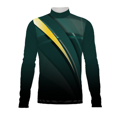 Marching Band Flow Flex Performance Top G123 featuring a long-sleeve mock neck design with dark green and black color blocking and a diagonal gold accent for a modern marching band uniform look