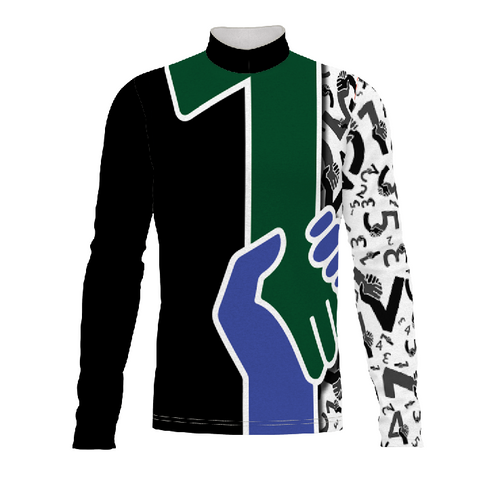 Marching Band Flow Flex Performance Top G124 featuring a long-sleeve mock neck design with bold black and green color blocking, blue hand graphic detail, and patterned sleeve for a contemporary marching band uniform look