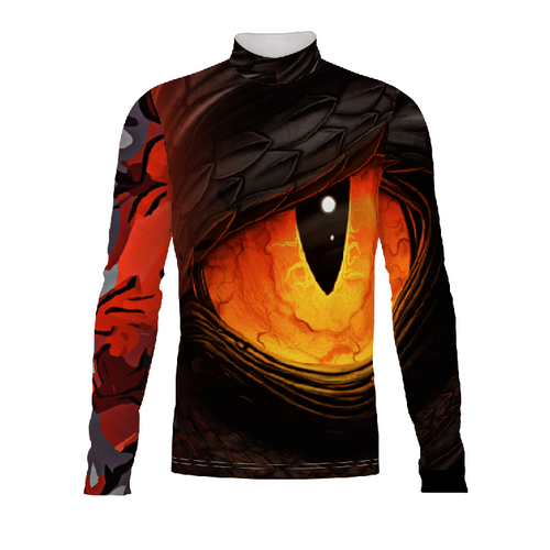 Marching Band Flow Flex Performance Top G125 featuring a long-sleeve mock neck design with a dramatic dragon-eye graphic, fiery orange and black tones, and textured scale detailing for a bold marching band uniform look