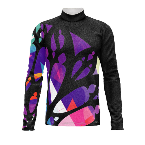 Marching Band Flow Flex Performance Top G126 featuring a long-sleeve mock neck design with a dark charcoal base and vibrant abstract geometric patterns in purple, pink, and multicolor for a modern marching band uniform look