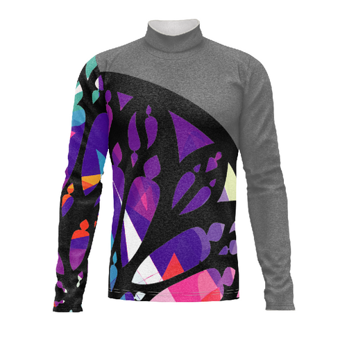 Marching Band Flow Flex Performance Top G127 featuring a long-sleeve, high-neck performance uniform with grey base and bold abstract geometric graphics in purple, black, and multicolor accents, designed for marching band performance and mobility