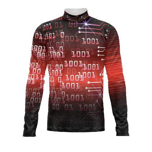 Marching Band Flow Flex Performance Top G128 featuring a red and black digital circuit–inspired design with binary graphics, long sleeves, and high-performance stretch fabric, shown on a white background for custom marching band uniform presentation