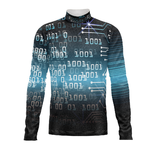 Marching Band Flow Flex Performance Top G129 featuring a blue and black digital circuit–inspired design with binary graphics, long sleeves, and high-performance stretch fabric, displayed on a white background for custom marching band uniform use