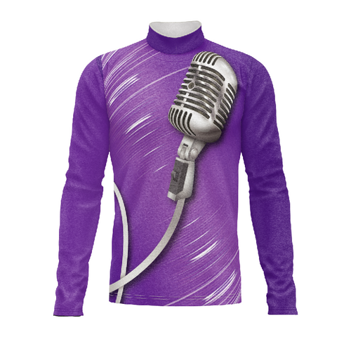 Marching Band Flow Flex Performance Top G132 in purple with vintage microphone graphic, designed for high-performance marching band uniforms.