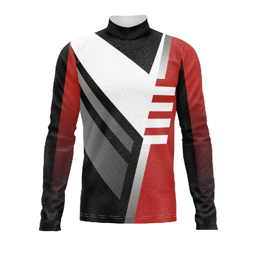 Marching Band Flow Flex Performance Top G134 with high-neck collar and geometric red, black, white, and grey design.