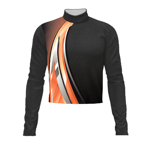 Marching Band Flow Flex Performance Top G135 featuring black long-sleeve design with orange and white dynamic diagonal graphic for marching band uniforms.