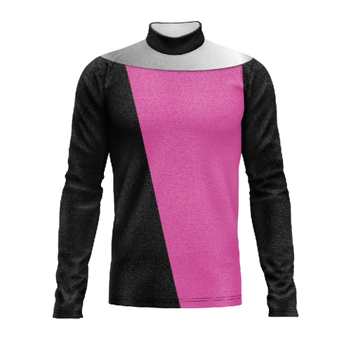 Marching Band Flow Flex Performance Top G136 featuring a black and pink geometric design with long sleeves and a high mock neck.
