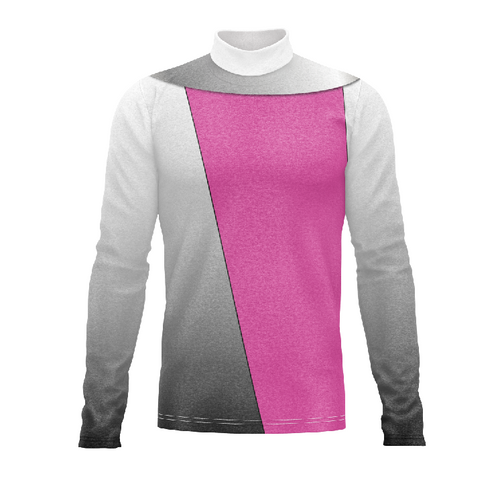 Marching Band Flow Flex Performance Top G137 featuring a grey and pink asymmetrical panel design with long sleeves and a high mock neck.