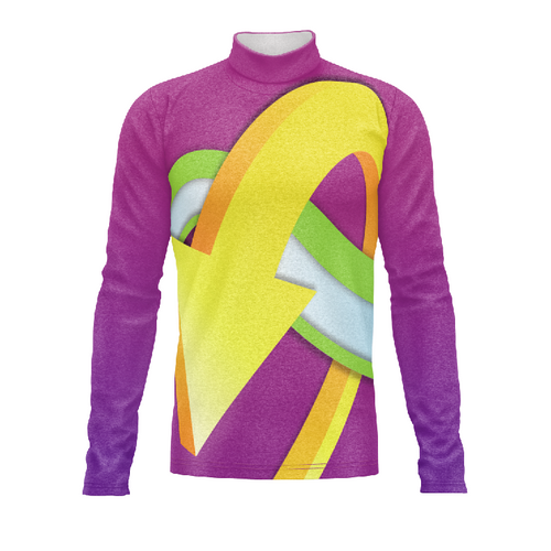 Marching Band Flow Flex Performance Top G138 featuring a bold purple base with dynamic yellow, green, and white graphic design for marching band uniforms.
