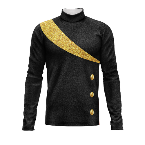 Marching Band Flow Flex Performance Top G139 featuring a black long-sleeve uniform with gold diagonal accent and high collar design.