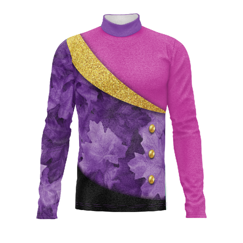 Marching Band Flow Flex Performance Top G140 featuring a purple and pink design with gold diagonal accent and decorative buttons, shown on a high-neck long-sleeve marching band uniform top.
