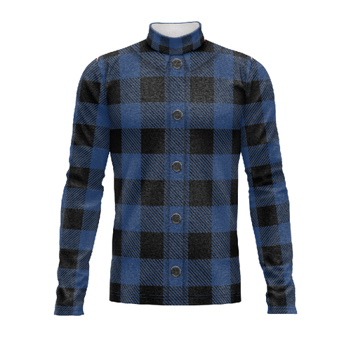 Marching Band Flow Flex Performance Top G141 in blue and black checkered design, lightweight stretch fabric with button-front closure for high-mobility marching band uniforms