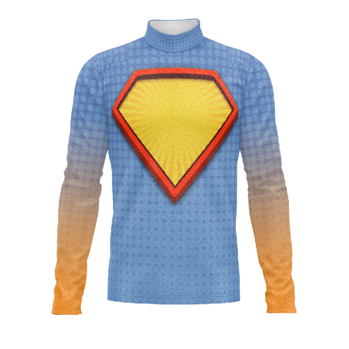 Marching Band Flow Flex Performance Top G142 featuring blue-to-orange gradient fabric with superhero shield chest emblem, high-stretch breathable material designed for high-performance marching band uniforms