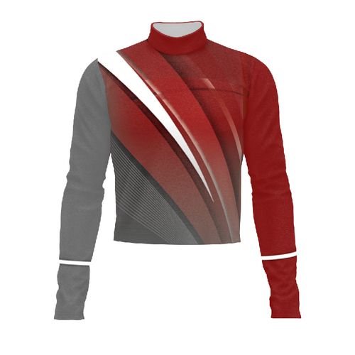 Marching Band Flow Flex Performance Top G144 featuring red and charcoal asymmetrical graphic design with high-stretch, breathable fabric engineered for mobility and performance in marching band uniforms