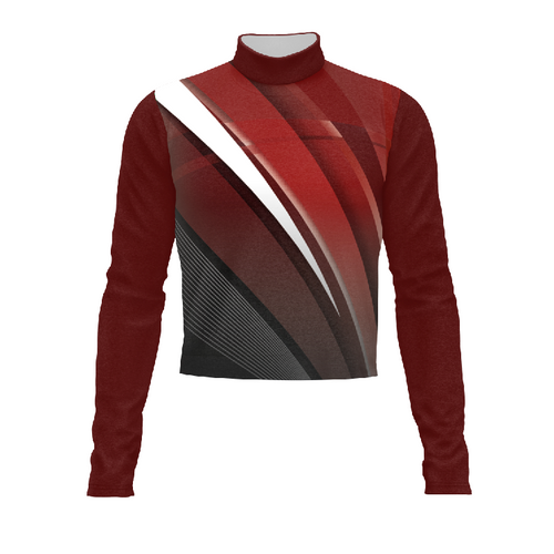 Marching Band Flow Flex Performance Top G145 featuring deep red and charcoal gradient design with dynamic diagonal accents, high-stretch breathable fabric built for mobility and comfort in marching band performances