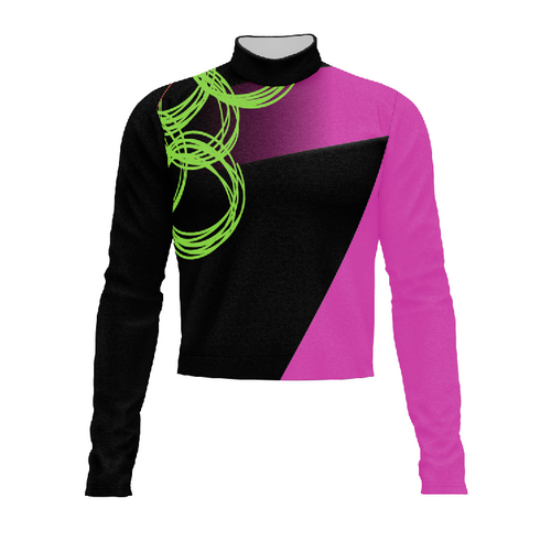 Marching Band Flow Flex Performance Top G146 featuring black and magenta color-block design with neon green abstract accents, high-stretch breathable fabric engineered for mobility and performance in marching band uniforms