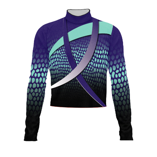 Marching Band Flow Flex Performance Top G147 featuring a high-neck design with long sleeves, purple and teal geometric pattern, and sleek diagonal accents for modern marching band uniform performance