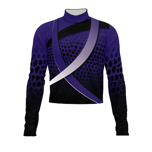 Marching Band Flow Flex Performance Top G148 featuring a purple and black geometric dot pattern with diagonal sash design, long sleeves, and athletic performance fit for marching band uniforms