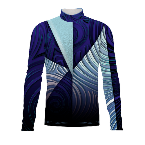 Marching Band Flow Flex Performance Top G149 featuring a blue and teal abstract swirl pattern with angular panel design, long sleeves, and stretch performance fabric for marching band uniforms