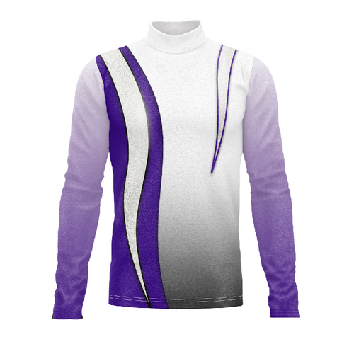 Marching Band Flow Flex Performance Top G150 featuring a white and purple colorway with flowing vertical wave accents, long sleeves, mock neck design, and stretch performance fit for marching band uniforms