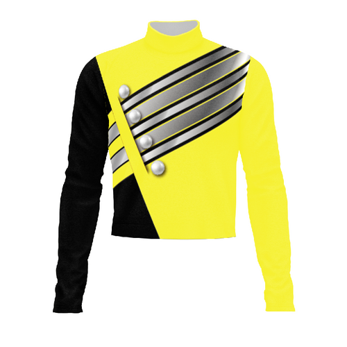 Marching Band Flow Flex Performance Top G151 featuring a bold yellow and black color block design with diagonal silver striping, decorative button accents, long sleeves, and performance stretch fit for marching band uniforms