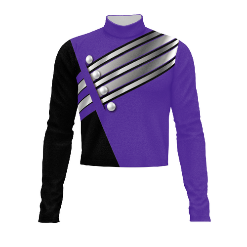 Marching Band Flow Flex Performance Top G152 featuring a purple and black color block design with diagonal silver striping, decorative button accents, long sleeves, mock neck collar, and stretch performance fit for marching band uniforms