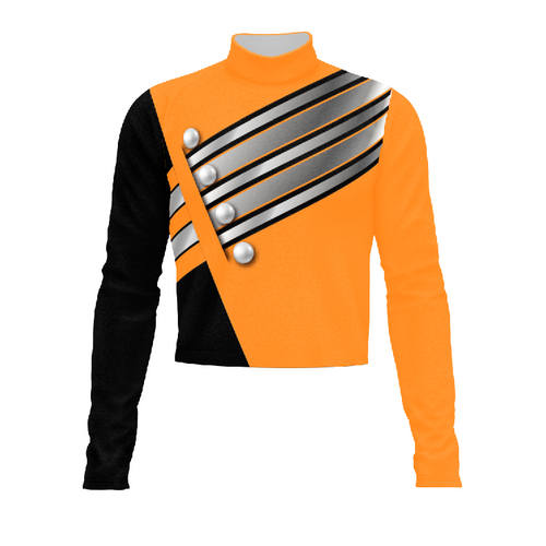 Marching Band Flow Flex Performance Top G153 in orange and black featuring a high-neck performance uniform with diagonal silver and black striping, metallic button accents, and long sleeves designed for marching band performers
