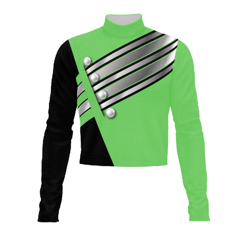 Marching Band Flow Flex Performance Top G154 in green and black, featuring an asymmetrical diagonal stripe design with silver accents, high-collar performance uniform top designed for marching band precision, flexibility, and stage-ready appearance