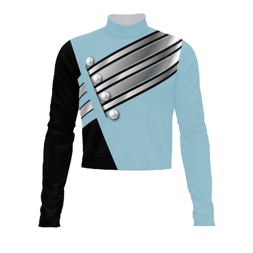 Marching Band Flow Flex Performance Top G155 featuring a light blue and black color-blocked design with diagonal silver striping, metallic button accents, and a high collar, engineered for flexibility, comfort, and professional marching band performance
