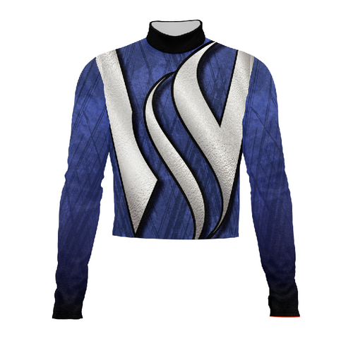 Marching Band Flow Flex Performance Top G156 featuring a blue performance uniform with white and black flowing panel design, long sleeves, and high collar, engineered for flexibility, precision movement, and professional marching band performance