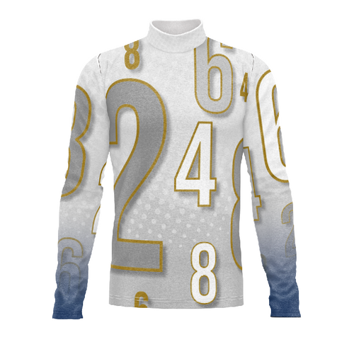 Marching Band Flow Flex Performance Top G157 featuring a white and grey base with gold numeric graphic pattern, long sleeves, athletic stretch fabric, and performance fit designed for marching band uniforms
