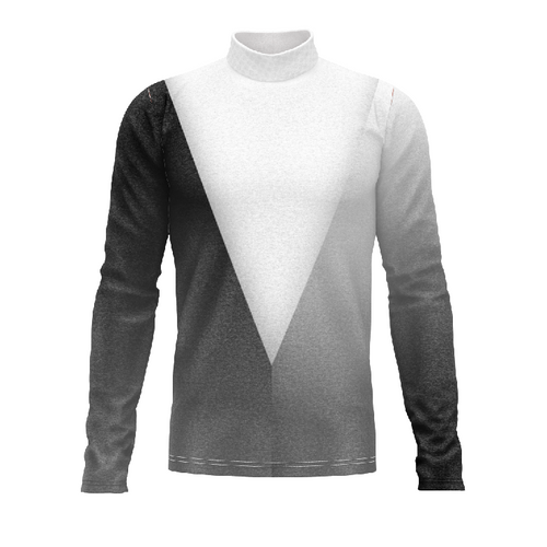 Marching Band Flow Flex Performance Top G158 featuring a modern geometric black, white, and grey color-blocked design with long sleeves and a high performance collar, engineered for flexibility, comfort, and precision fit during marching band performances