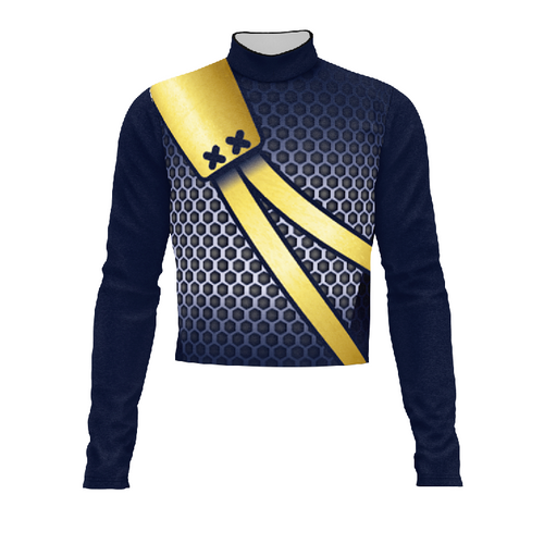 Marching Band Flow Flex Performance Top G159 featuring a navy blue base with hexagon performance texture and bold gold diagonal sash design, long-sleeve stretch uniform top engineered for flexibility, breathability, and high-impact marching band performances