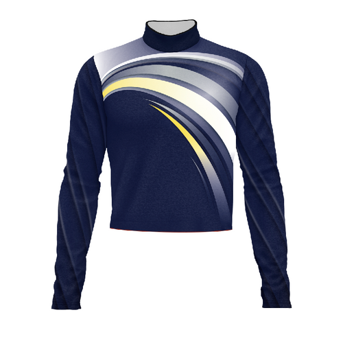 Marching Band Flow Flex Performance Top G160 in navy blue with silver and gold curved stripe design, long sleeve high-collar marching uniform top for field performance