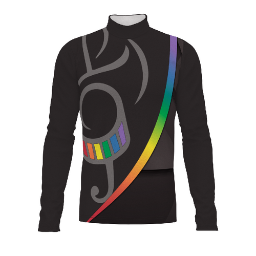 G2 Performance Marching Band Flow Flex Performance Top G161 in black with rainbow diagonal sash and musical note graphic, long sleeve band uniform top