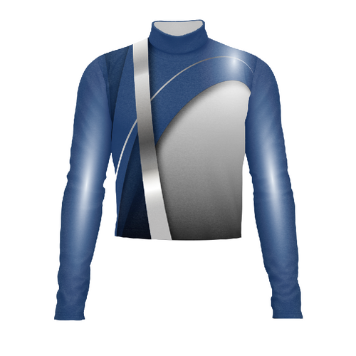 G2 Performance Marching Band Flow Flex Performance Top G162 in blue and silver with diagonal metallic accent and long sleeves