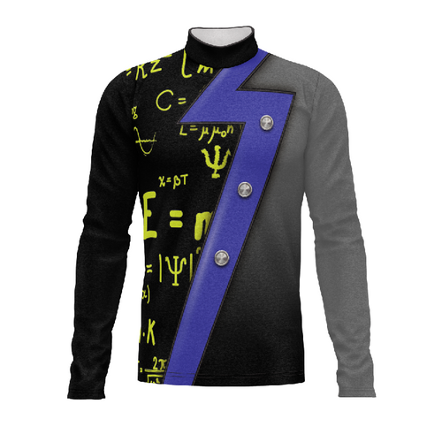 G2 Performance Marching Band Flow Flex Performance Top G164 with black and grey color block design, purple lightning sash, metallic button accents, and custom physics graphic print panel