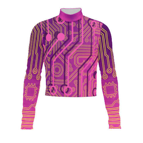 G2 Performance Marching Band Flow Flex Performance Top G165 in pink and purple with neon yellow circuit board pattern, long sleeve competition uniform