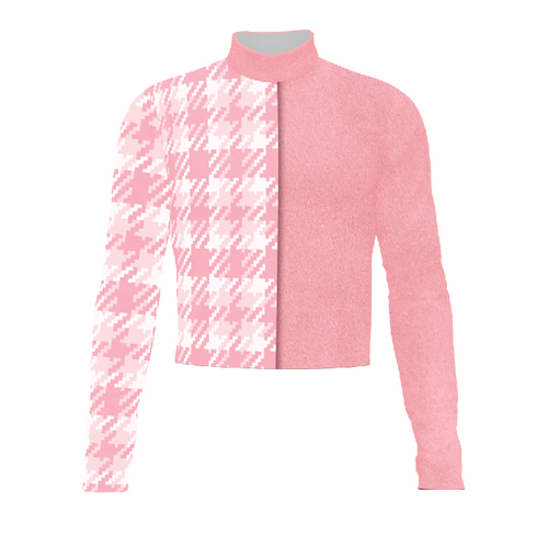 Marching Band Flow Flex Performance Top G166 in pink with half houndstooth pattern and solid textured panel, long sleeve custom marching band uniform top