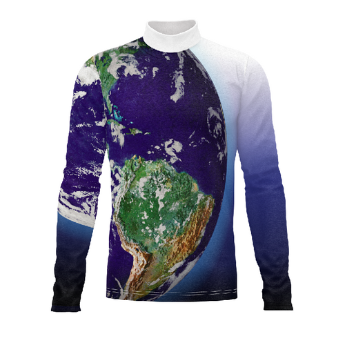 Marching Band Flow Flex Performance Top G167 featuring full Earth globe graphic design with blue gradient sleeves and high mock collar for custom marching band uniforms