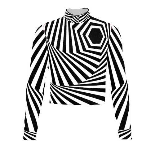 Marching Band Flow Flex Performance Top G168 featuring bold black and white optical stripe design with geometric hex pattern and high mock collar