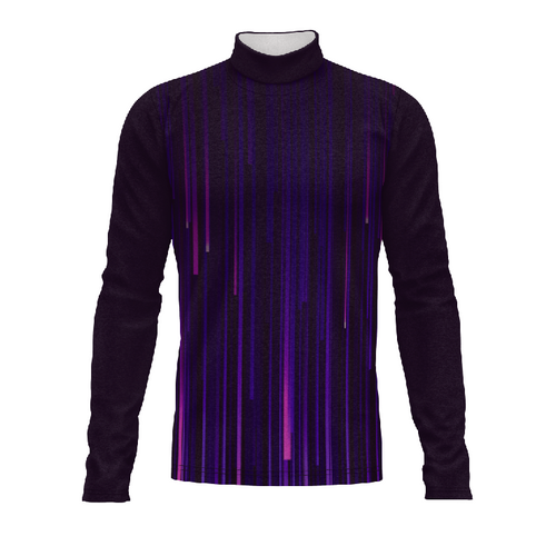 G2 Performance Marching Band Flow Flex Performance Top G169 in black and purple vertical digital stripe design with mock neck and long sleeves