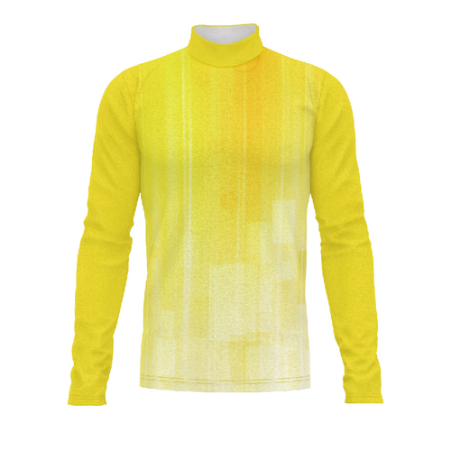 A digital print of a yellow flow flex top with long sleeves, designed for performance in a marching band or drumline.