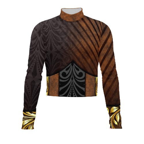A digital print of a show top with geometric patterns in black, brown, and gold colors, designed for indoor uniforms or band uniforms.