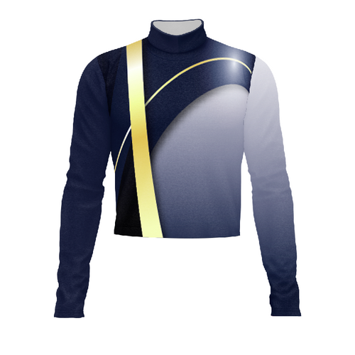A digital print of a show top with a turtleneck design, featuring a main navy color with a flowing gold design element and white at the cuffs.