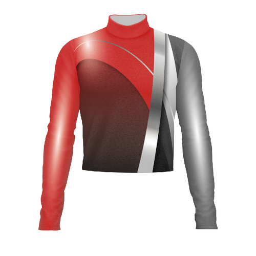 A digital print of a show top with long sleeves, featuring a gradient of red to gray with black accents, likely made from a polyester fabric.