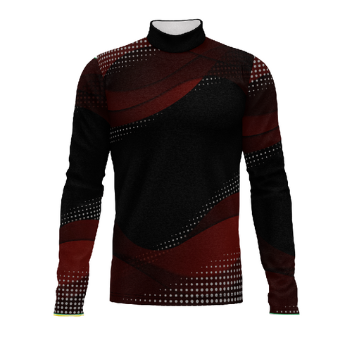 A digital print of a black and red geometric patterned turtleneck performance top.