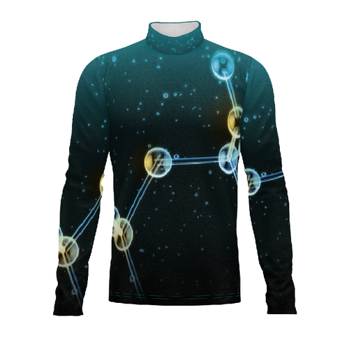A digital print of a turtleneck performance top with a scientific molecular pattern on a dark background.